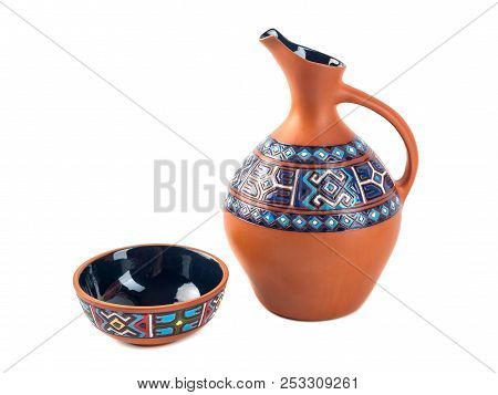 Georgian Handmade Ceramic (clay) Jug With Traditional Ornaments On It, Named Doqi, And Cup, Named Ta