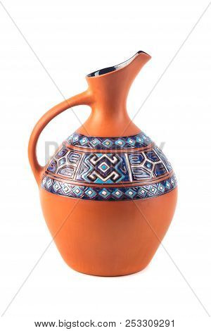 Georgian Handmade Ceramic Jug With Traditional Ornaments On It, Named Doqi, For Wine And Water On Wh