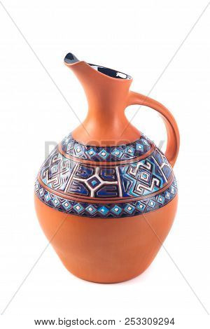 Georgian Handmade Ceramic Jug With Traditional Ornaments On It, Named Doqi, For Wine And Water On Wh