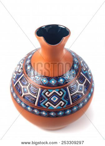 Georgian Handmade Ceramic Jug With Traditional Ornaments On It, Named Doqi, For Wine And Water On Wh