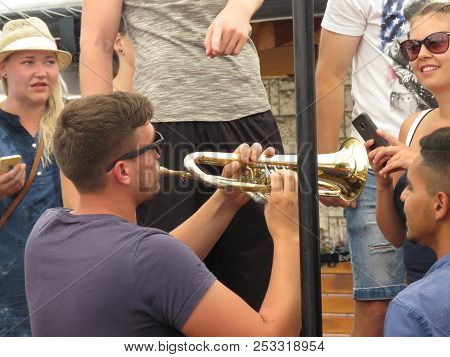 Guca, Serbia, August 11, 2018. 57th Trumpet Festival In Guca. Worldwide Known Music Festival In Serb