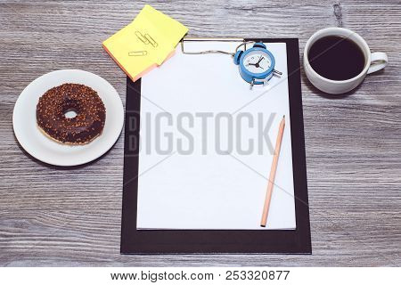 Cropped Image Of Office Accessories. Break At Work, Time For Coffee