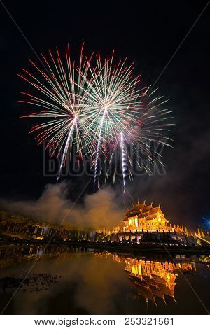Fireworks Celebrate The New Year 2018 At Rajapruek Royal Park, Chiang Mai With Beutiful Light Of Hor