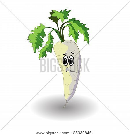 Cartoon Vegetable - Parsley, Parsnips. Cute Character Vegetable Parsley, Parsnips Face Isolated On W
