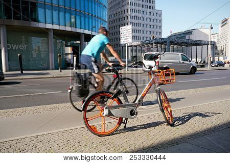 Berlin, Germany - June 08, 2018: Rental Bike Of The Chinese Company Mobike On Potsdamer Platz In The