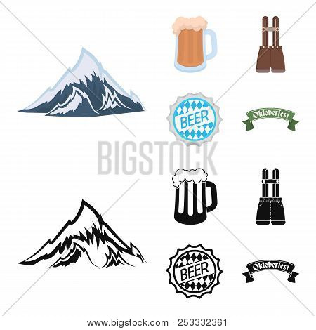 Shorts With Suspenders, A Glass Of Beer, A Sign, An Emblem. Oktoberfest Set Collection Icons In Cart
