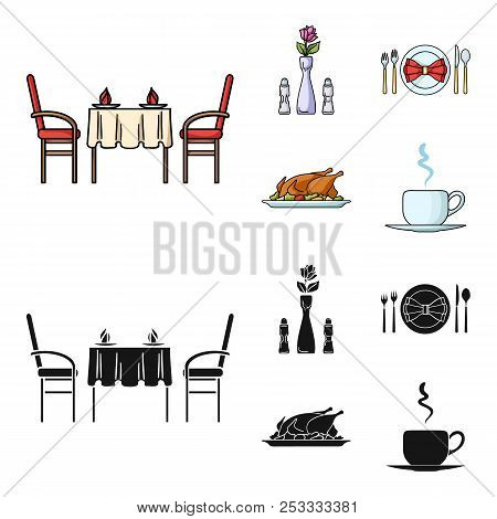 Vase With A Flower, Table Setting, Fried Chicken With Garnish, A Cup Of Coffee.restaurant Set Collec