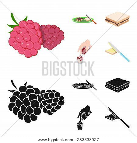 Dessert With Cream, A Sandwich And Other Food. Food Set Collection Icons In Cartoon, Black Style Vec