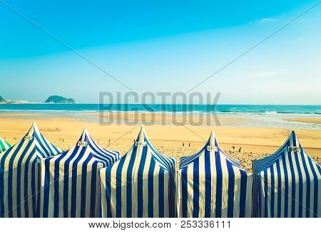 Colorful Tents Of Zarauz Beach, Pais Vasco, Spain, Retro Toned