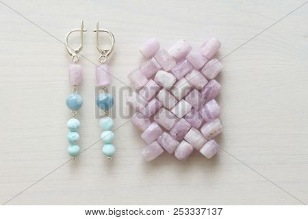 Jewelry Made Of Natural Stones And Silver. Aquamarine, Larimar, Kunzite, Moonstone. Handmade. Earrin