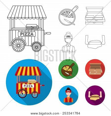Mobile Trailer, Cutting Board For Pizza, Boxes, Salesman. Pizza And Pizzeria Set Collection Icons In