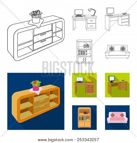 A Shelf With A Flower, A Desk With A Computer And A Lamp , A Table With A Monitor And A Book, A Cabi