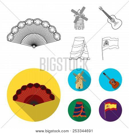 Fan Spanish, Mill, Guitar, Skirt For National Spanish Dances. Spain Country Set Collection Icons In 