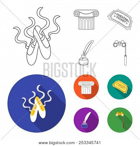 Pointe Shoes, Column, Theater Ticket, Inkwell With Feather. Theater Set Collection Icons In Outline,