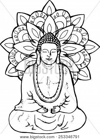 Illustration Of A Meditating Cosmic Buddha. Mandala In The Style Of Sentangle. Street Art