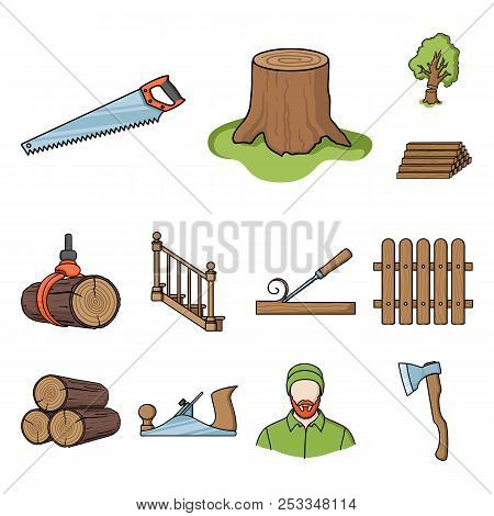 Sawmill And Timber Cartoon Icons In Set Collection For Design. Hardware And Tools Vector Symbol Stoc