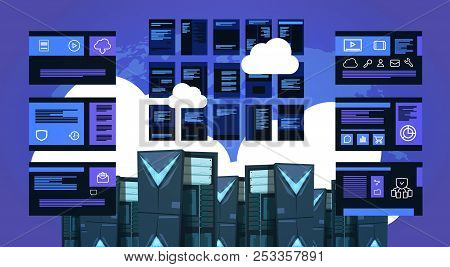 Infographic Map Over Data Storage Cloud Synchronization Center With Hosting Servers And Staff. Compu