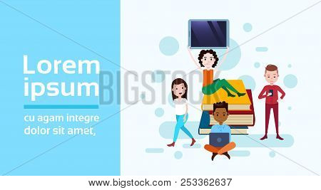 Girl Sitting Booking Stack Hold Tablet Boy With Gadgets Template For Design Work And Animation On Wh