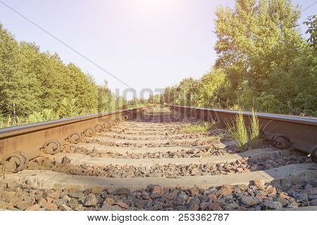 Train Rails Background In Belarus, Close Up Shot