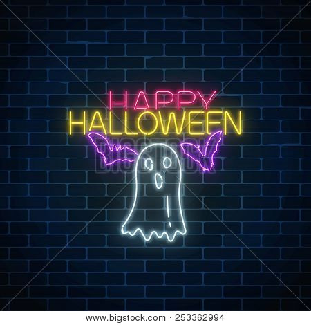 Glowing Neon Sign Of Halloween Banner Design With Ghost Silhouette And Bats. Bright Halloween Scary 