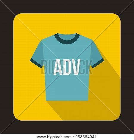 Blue T Shirt With Adv Inscription Icon In Flat Style On A Yellow Background
