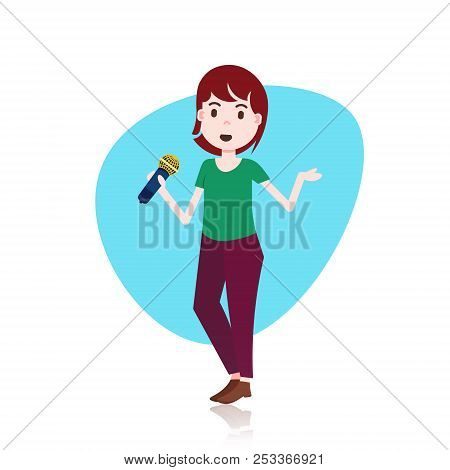 Woman Character Holding Microphone Toastmaster Template For Design Work Or Animation Over White Back