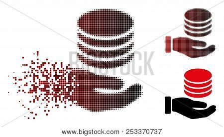 Vector Coins Donation Hand Icon In Dispersed, Dotted Halftone And Undamaged Entire Variants. Disinte