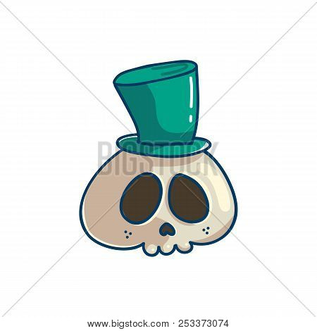 Old School Skull Gentelman Spooky Character With Cyllinder Hat. Cartoon Day Of The Death Icon. Cute 