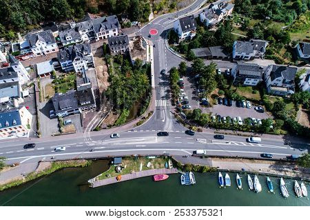 Aerial View Of The Mosel Village Brodenbach In Germany On A Sunny Summer Day