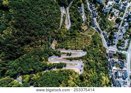 Aerial View Of The Mosel Village Brodenbach In Germany On A Sunny Summer Day