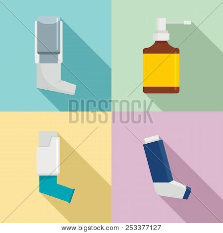 Inhaler Breather Deep Breath Health Care Asthma Icons Set. Flat Illustration Of 4 Inhaler Breather D