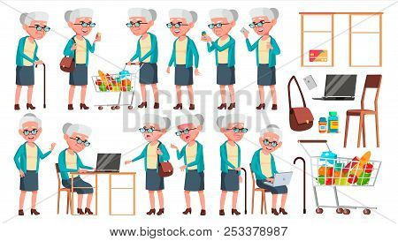 Old Woman Poses Set Vector. Elderly People. Senior Person. Aged. Cute Retiree. Activity. Advertiseme