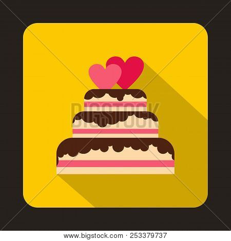 Wedding Cake With Two Pink Hearts Icon In Flat Style On A Yellow Background Illustration