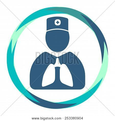 Flat Vector  Icon. Doctor In  Medical Cap Silhouette With Lungs In Abstract Circle. Human Shape. Med