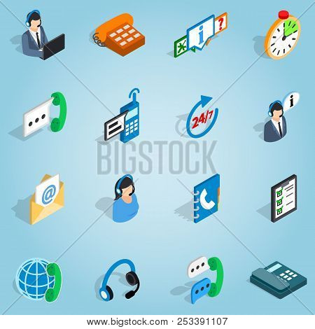 Isometric Call Center Set Icons. Universal Call Center Icons To Use For Web And Mobile Ui, Set Of Ba