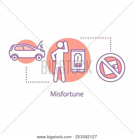 Bad Luck Concept Icon. Unhappy Day Idea Thin Line Illustration. Lost Wallet, Broken Car, Discharged 