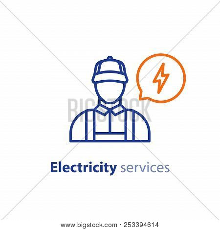 Electrician Line Icon, Electricity Services, Electrical Repairman, Technician Person, Maintenance En