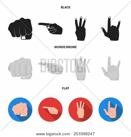 Closed Fist, Index, And Other Gestures. Hand Gestures Set Collection Icons In Black, Flat, Monochrom