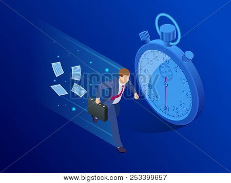 Isometric Panic Deadlines Concept. Lack Of Time Concept. Vector Illustration