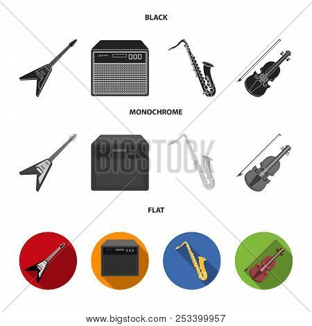 Electric Guitar, Loudspeaker, Saxophone, Violin.music Instruments Set Collection Icons In Black, Fla
