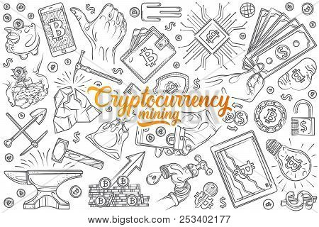 Hand Drawn Cryptocurrency Mining Set Doodle Background