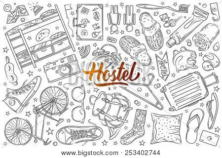 Hand Drawn Hostel Set Doodle Vector Background