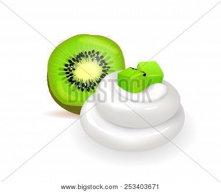Soft Whipped Cream With Fresh Juicy Half Of Kiwi And Small Cubes. Tasty Summer Dessert Of Tropical F