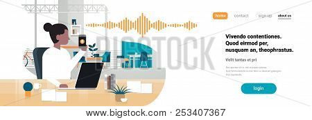 Businesswoman Hold Phone Intelligent Voice Personal Assistant Recognition Sound Waves Technology Con