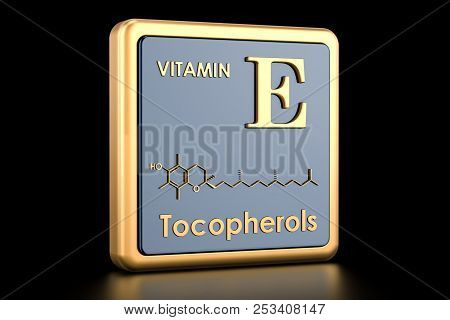 Vitamin E, Tocopherols. Icon, Chemical Formula, Molecular Structure. 3d Rendering
