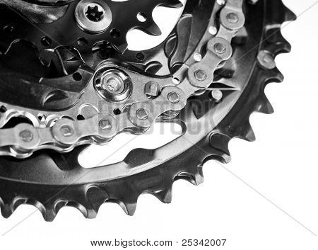 Mountain bike crankset with chain close-up