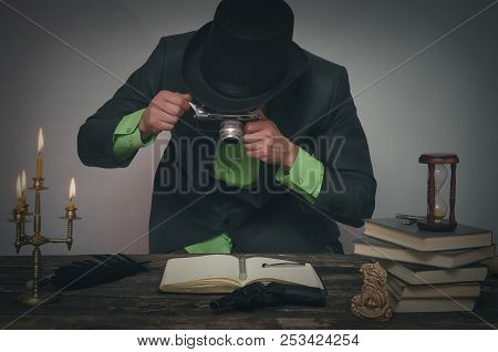 Detective Agent Collecting A Compromising Evidence And Searching For Fingerprint. Detective Or Spy A