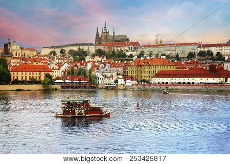 Prague, Czech Republic - Jun 10, 2018. View Of Prague Castle (prazsky Hrad) Across Vltava River In P