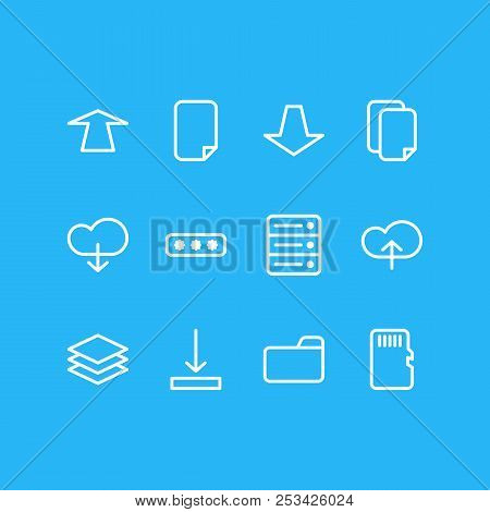 Vector Illustration Of 12 Storage Icons Line Style. Editable Set Of Download, Pull, Cloud And Other 