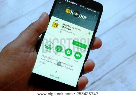 Bandar Seri Begawan,brunei - July 25th,2018 : A Male Hand Holding Smartphone With Keeper Password Ma